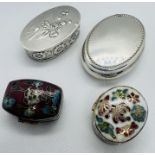 Four dainty snuff/pill boxes. Two white metal Chinese cloisonne enamel pill boxes, unmarked, with