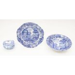 A group of 3 blue and white Copeland Spodes Italian sandwich plate, salad bowl and a lidded dish.