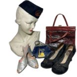 A group of vintage accessories to include a red snakeskin bag C1940s, some rhinestone studded silver