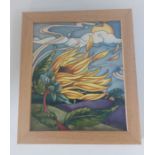 A Moorcroft ceramic framed Master Trial  plaque C 2019, is titled Sunseeker, decorated with a