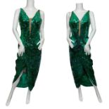 Two mermaid sequinned stage gowns C1950s with larger disc sequins in shades of green and teal,