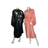 Two 1930s embroidered kimono robes, one in peach silk with a silk lining and integral belt and