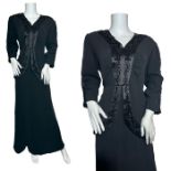 A 1940s peplum evening gown in satin backed crepe by Potter Gilmore, 36 inch / 91 cm waist with a