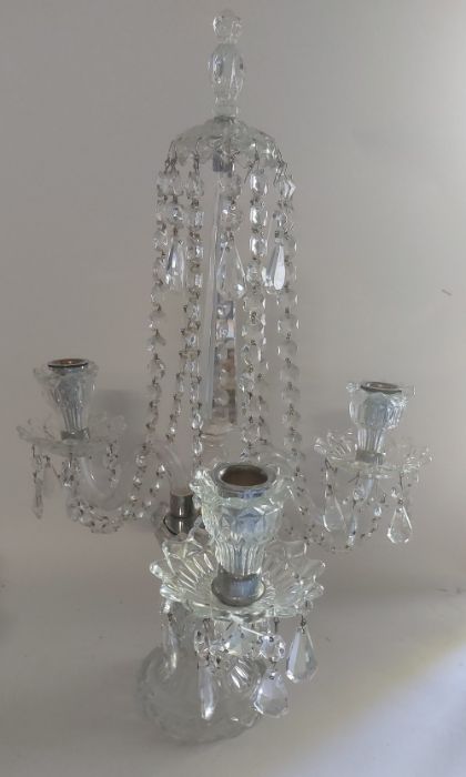 Glass and chrome table chandelier with crystal lustre droplets and 3 arm candle holder, it is in - Image 2 of 4