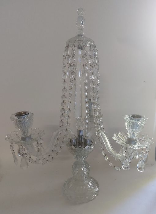 Glass and chrome table chandelier with crystal lustre droplets and 3 arm candle holder, it is in