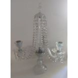 Glass and chrome table chandelier with crystal lustre droplets and 3 arm candle holder, it is in