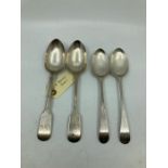 4 silver hallmarked spoons  2 larger table spoons,   2 dated 1783 Georgian desert spoons, weight