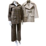 A 1970s Rive Gauche check suit with shirt style jacket in fawn with a chocolate and teal check and