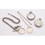 A sterling silver pocket watch with secondary dial, along with a sterling silver Albert watch chain,