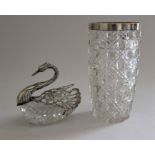 A glass swan with 925 silver pierced folding wings, London import marks and a cut glass vase with