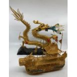 Ornamental Chinese Silver and gilt and enamel Golden Dragon and spirit junk boat