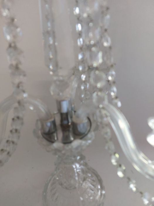 Glass and chrome table chandelier with crystal lustre droplets and 3 arm candle holder, it is in - Image 4 of 4