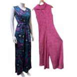 Three vintage jumpsuits to include a 1980s zip front boiler suit style in hot pink, a 1960s Brenda