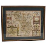 John Speed(e), 1610 double-page map of Derbyshire, hand-coloured engraved map, framed and reverse