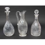 ***WITHDRAWN*** Three 19th Century etched glass decanters with peacock foliage and flower detail,