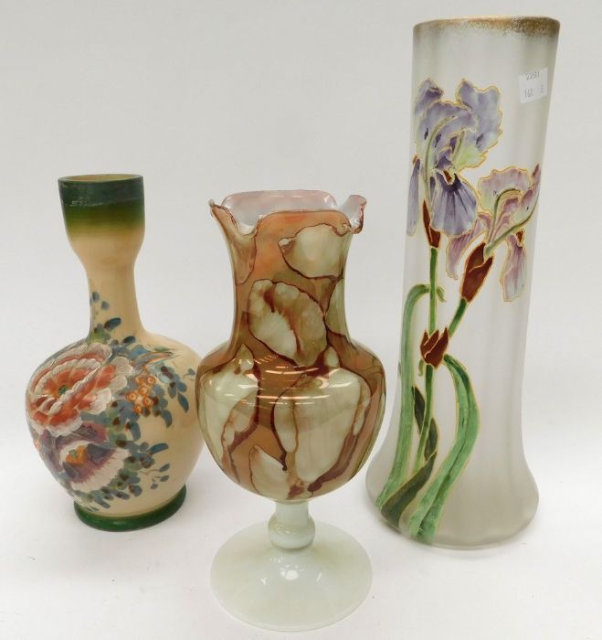 19th Century opaque continental hand painted tall vase, along with continental Vaseline glass