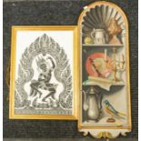 An Eastern picture of a Buddha in gilt frame along with hand painted still life on wooden board.