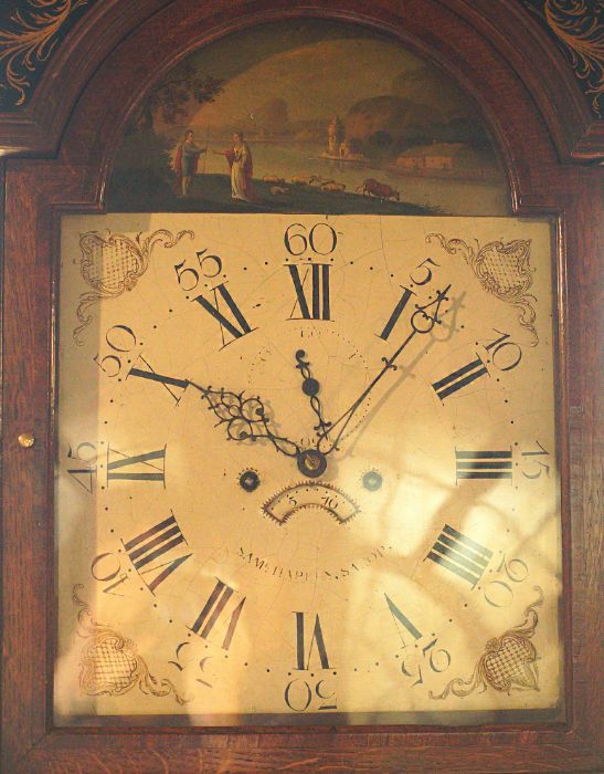 An arched enamel dial grandfather clock of VIII day duration striking on a bell in a oak case by - Image 2 of 2