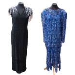 A black beaded column dress embellished in bugle beads, early 1980s, with large padded shoulders,