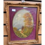 Two miniature framed prints, together with early 20th century oil on board of a Continental scene