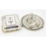 A collection of plated EPNS items including an entree dish and cover, a Walker & Hall circular
