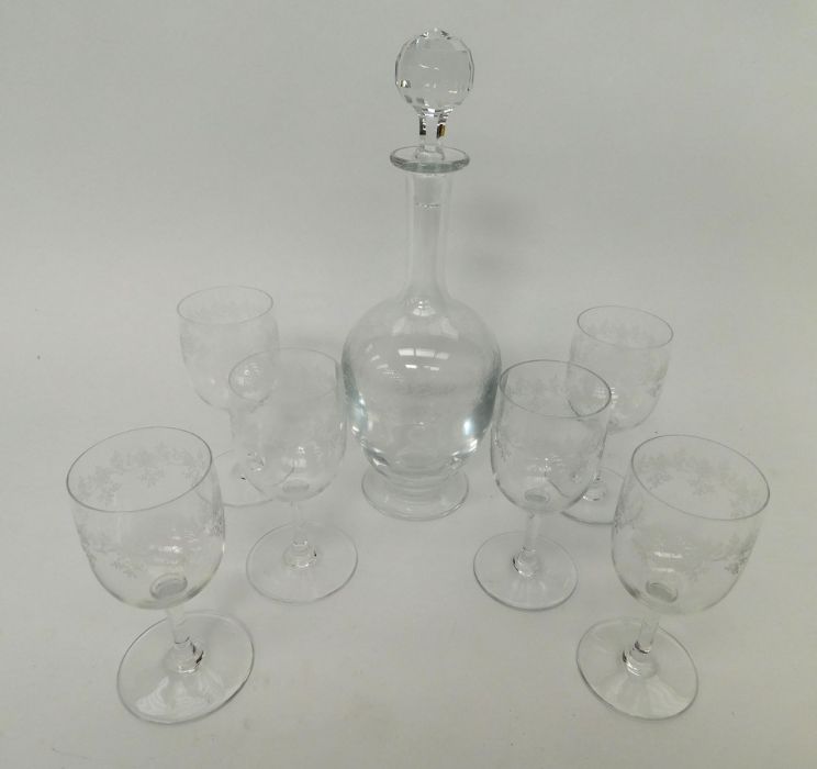 Baccarat - A boxed set of 6 glasses and a decanter in the "sevigne" design with etched detail.