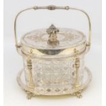 A Victorian silver plated lidded biscuit container, with hobnail cut glass, Corinthian columns to