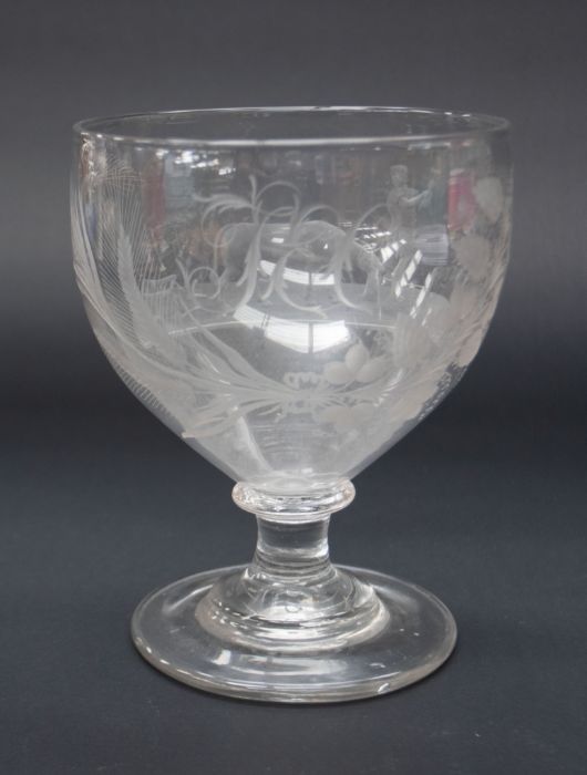 Large 19th Century wine glass with etched decoration depicting slaughter of a cow and harvest