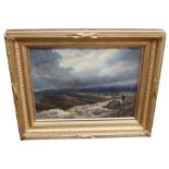 19th Century oil on board in period gilt frame, signed bottom right, of cattle on the moors, small