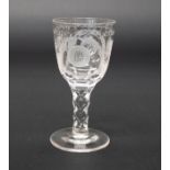 19th Century wine glass with Diamond cut stem with etched cow and foliage detail