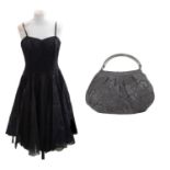 A black taffeta and lace 1950s boned cocktail dress with a back fastening metal zip, georgette