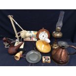 Collection of metal wares to include angle lamp, mid 20th century copper water jugs, brass oil lamp,