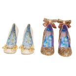 Irregular Choice gold patterned stiletto shoes with a 4" inch heel. The front of the shoes has a