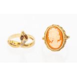 A 9ct gold mounted cameo ring, setting approx 18 x 14mm, size Q, along with a 9ct gold serpent