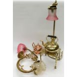 A collection of metal-ware to include; a brass standing table light with a frosted cranberry glass