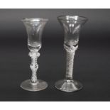Two 18th Century cordial glasses with bell shaped bowls and twisted stems