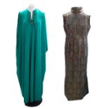 A large brocade jade and gold evening dress lined in jade taffeta - a shift dress with a 'V' back