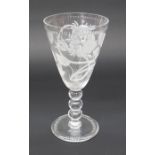 Large 19th Century wine glass with bobbin stem and etched rose and thorn detail
