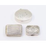 Three early 19th Century silver vinaigrettes, shaped oval, ridged or rectangular engraved with