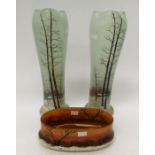 Pair of tall continental frosted glass vases with hand painted woodland winter scenes, along with