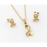 A diamond set 9ct gold set, comprising a ribbon shaped pendant channel set with  tapering round