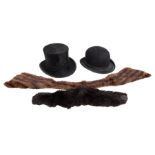 A black silk top hat, 1940s/early 1950s, 21cms inside head; together with a black bowler hat, 1950s,