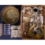 Collection of Silver plated items, cased and uncased flatware's, brass jam pans etc.