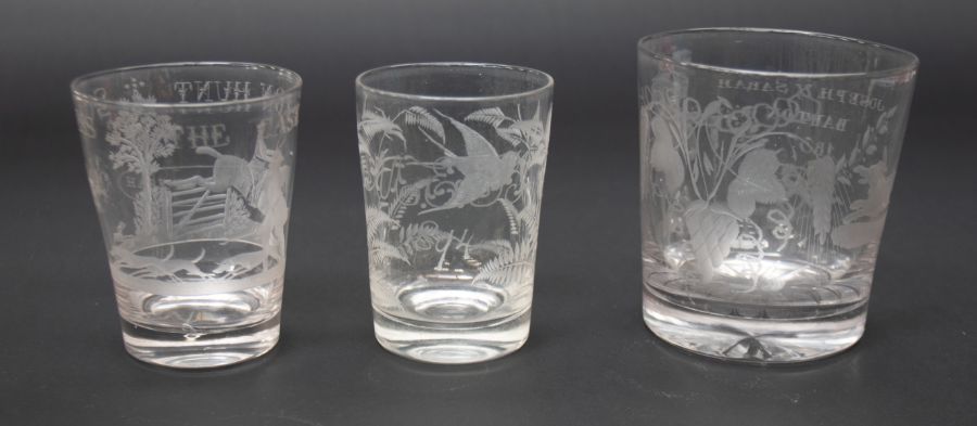 Three 19th Century tumblers with etched detail, i.e. Castleton Hunt, marriage glass and bird foliage