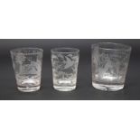 Three 19th Century tumblers with etched detail, i.e. Castleton Hunt, marriage glass and bird foliage