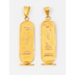 A pair of high carat Egyptian gold pendants with hieroglyphic decoration, length approx 40mm,