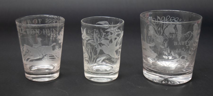 Three 19th Century tumblers with etched detail, i.e. Castleton Hunt, marriage glass and bird foliage - Image 2 of 2