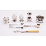 A group of silver to include; a matched George V pepper and salt cellar, hallmarked Birmingham,