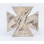 Rene Lalique: an Art Nouveau Journee du Poilu 1914 silver Maltese shaped cross medal brooch, stamped