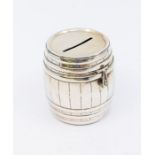An Edwardian novelty silver barrel shaped money box, hinged cover, hallmarked by Cornelius